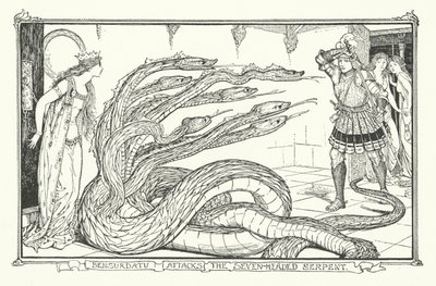 Bensurdatu Valt de Zevenkoppige Slang Aan (gravure) door Henry Justice Ford