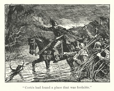 "Cortes had een doorwaadbare plaats gevonden" (gravure) door Henry Justice Ford