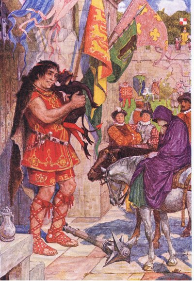 Flibbertibbet verkleed als duivel kalmeert de reus wanneer Wayland Amy naar Kenilworth Castle brengt, illustratie uit Kenilworth, ca. 1910 door Henry Justice Ford