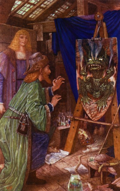 Leonardo maakt zijn vader bang met het monster geschilderd op zijn schild door Henry Justice Ford