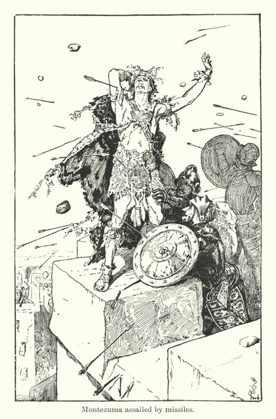 Montezuma aangevallen door raketten (gravure) door Henry Justice Ford