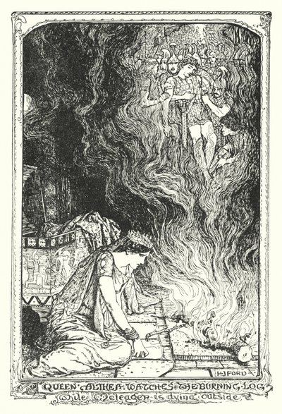 Koningin Althea kijkt naar het brandende hout terwijl Meleager buiten sterft (litho) door Henry Justice Ford