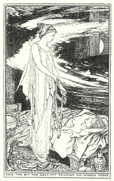 Neem dit stukje en zoek Pegasus het gevleugelde paard (litho) door Henry Justice Ford