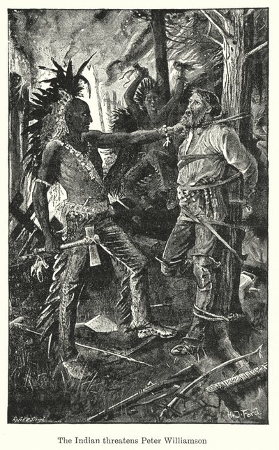 De Indiaan bedreigt Peter Williamson (litho) door Henry Justice Ford