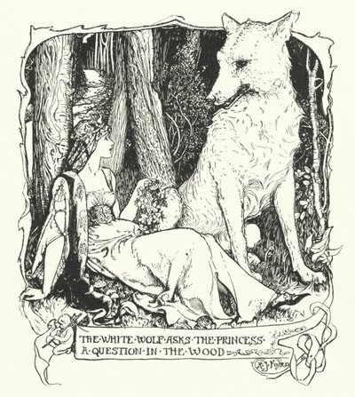 De witte wolf stelt de prinses een vraag in het bos (gravure) door Henry Justice Ford