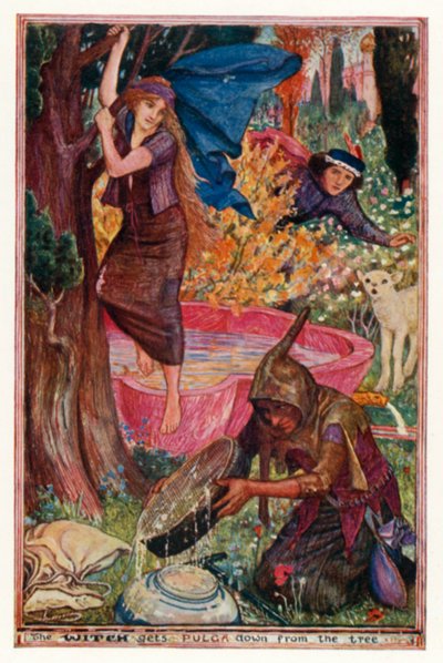 De heks haalt Pulga uit de boom (kleur litho) door Henry Justice Ford