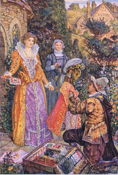 Wayland speelt de rol van een marskramer in de tuin, illustratie uit Kenilworth, ca. 1910 door Henry Justice Ford