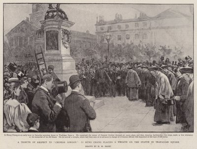 Een eerbetoon aan Chinese Gordon, Li Hung Chang legt een krans op het standbeeld op Trafalgar Square door Henry Marriott Paget