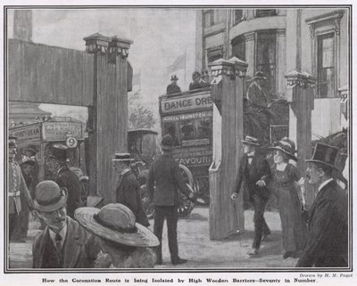 Hoe de kroningsroute wordt geïsoleerd door hoge houten barrières door Henry Marriott Paget