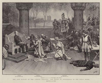 De nieuwe Hamlet in het Lyceum Theatre, de intrede van Fortinbras in de slotscène door Henry Marriott Paget