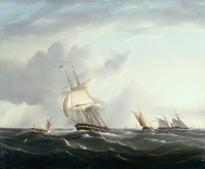 Een fregat, een peddelstoomboot en Nederlandse kleine vaartuigen in de Downs door Henry Moses