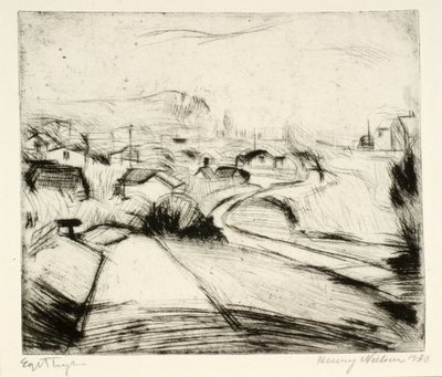 Landschap met weg en huizen door Henry Nielsen