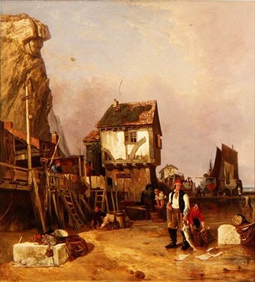 Vissers met hun vangst bij een kade door Henry Perlee Parker