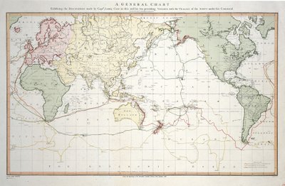 Algemene kaart met de ontdekkingen van kapitein James Cook in deze en zijn twee voorgaande reizen met de routes van de schepen onder zijn bevel. Door luitenant Roberts van de Koninklijke Marine door Henry Roberts