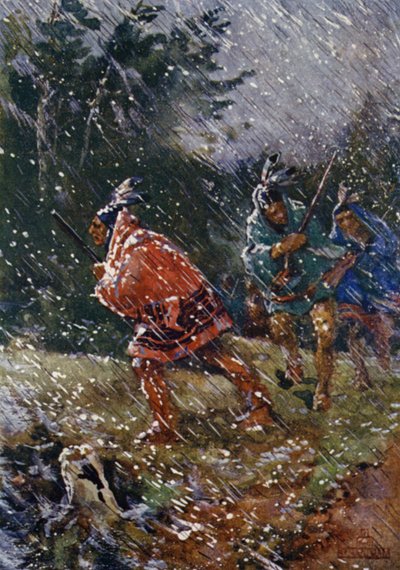 Jagen in slecht weer door Henry Sandham