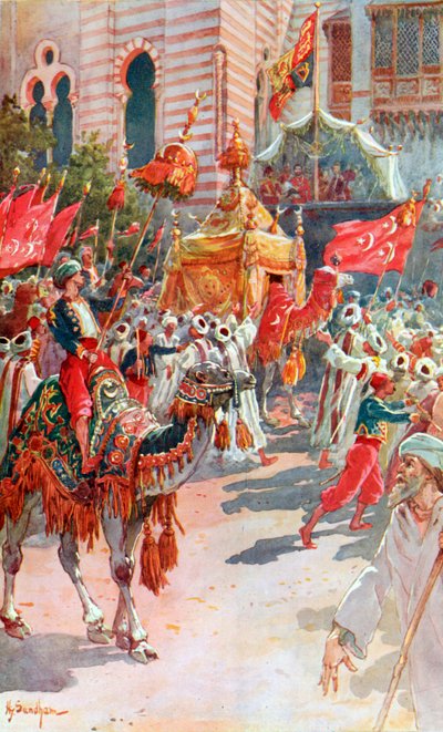 De processie van de Heilige Tapijten langs de Prins en Prinses van Wales in Caïro, 5 februari 1869 door Henry Sandham