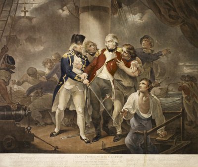Kapitein Trollope in de Glatton van 54 carronades in gevecht met een Frans squadron van 8 oorlogsschepen met 230 kanonnen, gegraveerd door James Daniell, 1797 door Henry Singleton