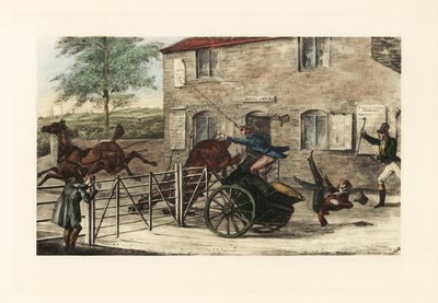Engelse heren in een tweespan proberen een tolhek te springen door Henry Thomas Alken
