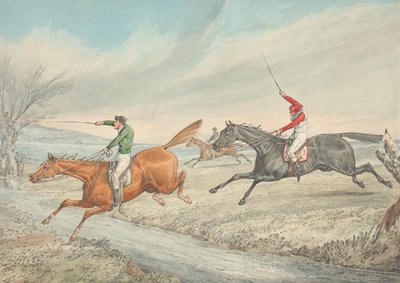Steeplechase: drie ruiters nemen een beekje door Henry Thomas Alken