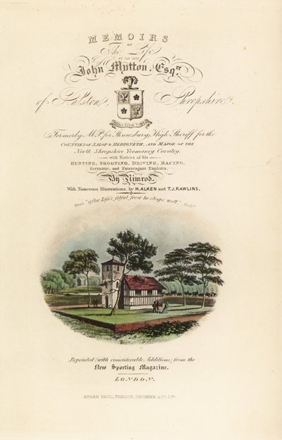 Titelpagina met kalligrafische titel en vignette van Engelse Tudor door Henry Thomas Alken