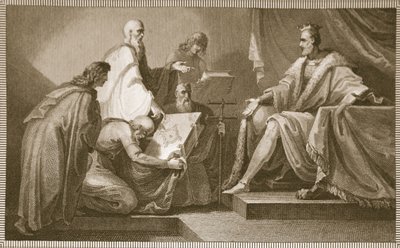 Doomsday Book gepresenteerd aan Willem I, gegraveerd door J. Fittler, illustratie uit David Hume