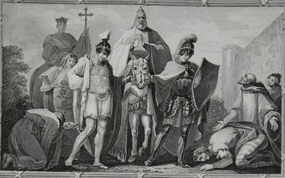 Henry en Lewis begeleiden de paus naar het kasteel van Torci, gegraveerd door Saunders, illustratie uit David Hume