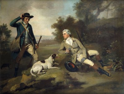 Een heer liggend met een geweer en hond en zijn jachtopziener in de buurt door Henry Walton