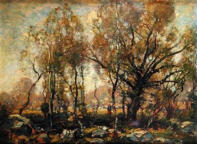 Figuur in een bebost landschap door Henry Ward Ranger