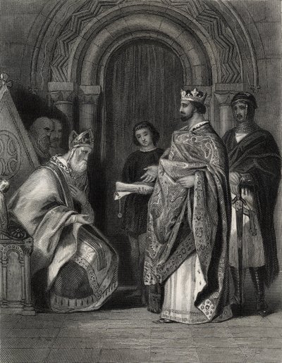 Hendrik II presenteert de Pauselijke Bul aan de Aartsbisschop van Cashel, gegraveerd door G. Greatbach door Henry Warren