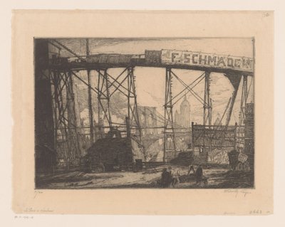 Gezicht op New York vanaf een werkplaats door Henry Wilfrid Deville (signed by artist)