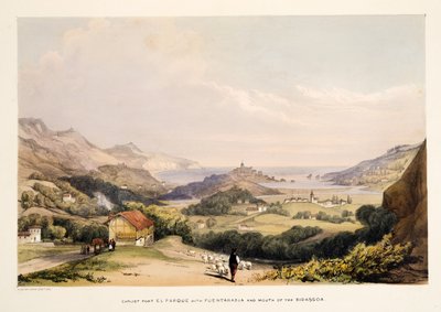 Carlist Fort, El Parque, met Fontarabia en de Monding van de Bidassoa, uit Schetsen van landschappen in de Baskische provincies van Spanje, met een selectie van nationale muziek, uitgegeven 1838 door Henry Wilkinson