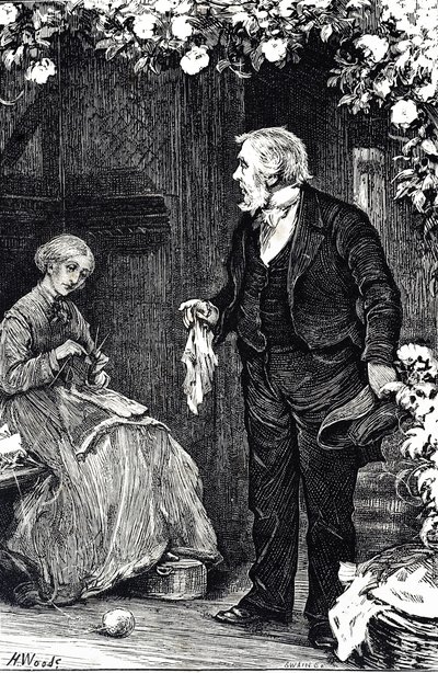 Gravure die een vrouw afbeeldt die aan het breien is door Henry Woods