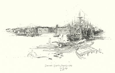 Greenwich Hospital en scheepvaart, in 1749 door Herbert (after) Railton
