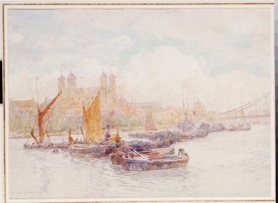 De Tower of London vanaf de Theems met schepen op de voorgrond door Herbert Menzies Marshall