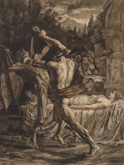 Hercules worstelt met de Dood om de ziel van Alcestis door Herbert Thomas Dicksee