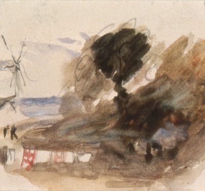 Landschap met huisje en windmolen door Hercules Brabazon Brabazon