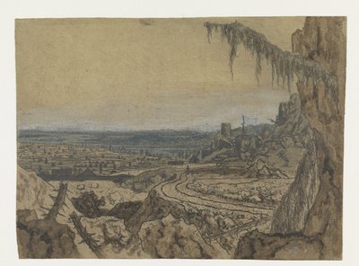 Verre uitzicht met een weg en mosachtige takken door Hercules Segers