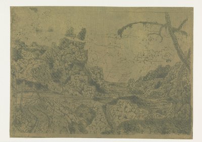 Bergvallei, rechts een man met een stok door Hercules Segers