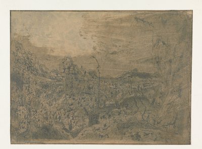 Rotsachtig landschap met een man die naar rechts loopt, eerste versie door Hercules Segers