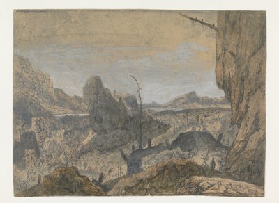 Rotsachtig landschap met een man die naar rechts loopt (eerste versie) door Hercules Segers