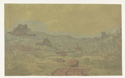 Vallei met een rivier en een stad met vier torens door Hercules Segers