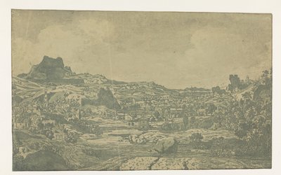 Vallei met een rivier en een stad met vier torens door Hercules Segers