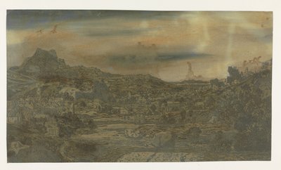 Vallei met een rivier en een stad met vier torens door Hercules Segers