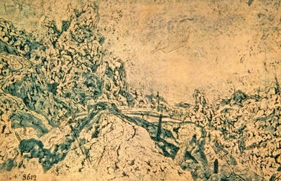 Rotsachtig landschap met toren in de verte (inkt op papier) door Hercules Seghers
