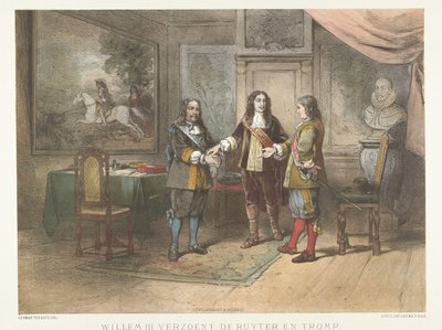 Prins Willem III verzoent Michiel de Ruyter en Cornelis Tromp, 1673 door Herman Frederik Carel ten Kate