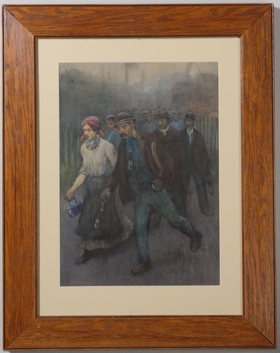 Lopende mijnwerkers met mijnwerkersvrouw door Herman Heijenbrock