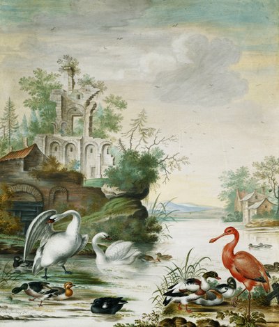 Zwanen, een Lepelaar, een Wilde Eend, een Smient en Andere Eenden op een Rivier Onder een Ruïne, 1694 door Herman Henstenburgh