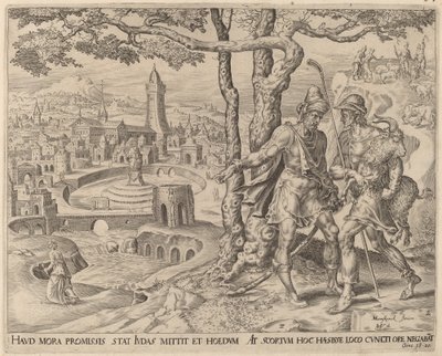 Hirah de Adullamiet met het Bokje door Herman Jansz Muller after Maerten van Heemskerck