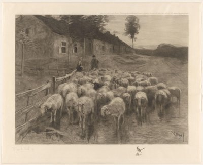 Herder en een vrouw bij een schaapskudde door Herman Johannes van der Weele (signed by artist)