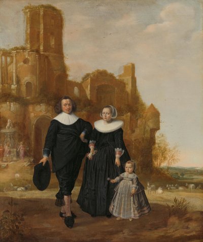 Portret van een koppel met hun kind in een landschap door Herman Mijnerts Doncker